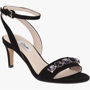 Clarks Black Suede Open Toe Heels Size 8 Embellished Blue Kitten Office Party